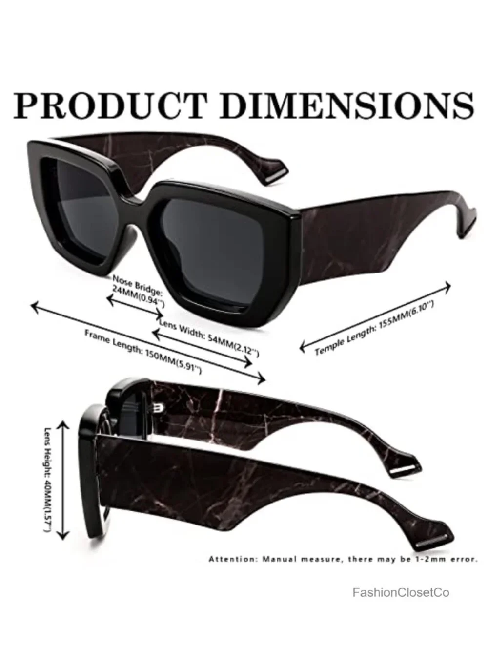 Oversized Square Sunglasses with Thick Plastic Frame UV400 Protection